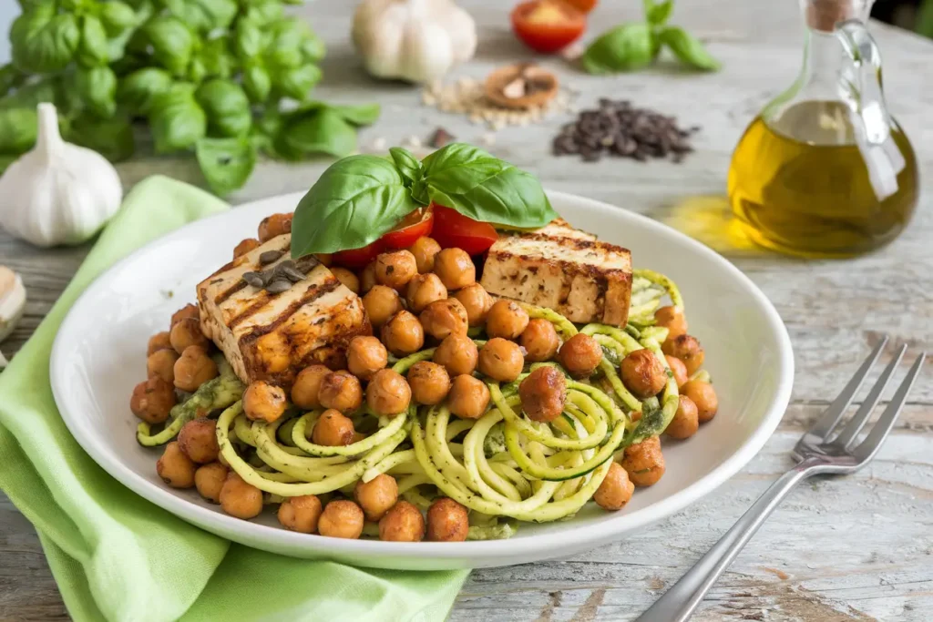 A plate of vegan pesto zucchini noodles topped with roasted chickpeas and grilled tofu, garnished with fresh basil and cherry tomatoes, served on a rustic wooden table.