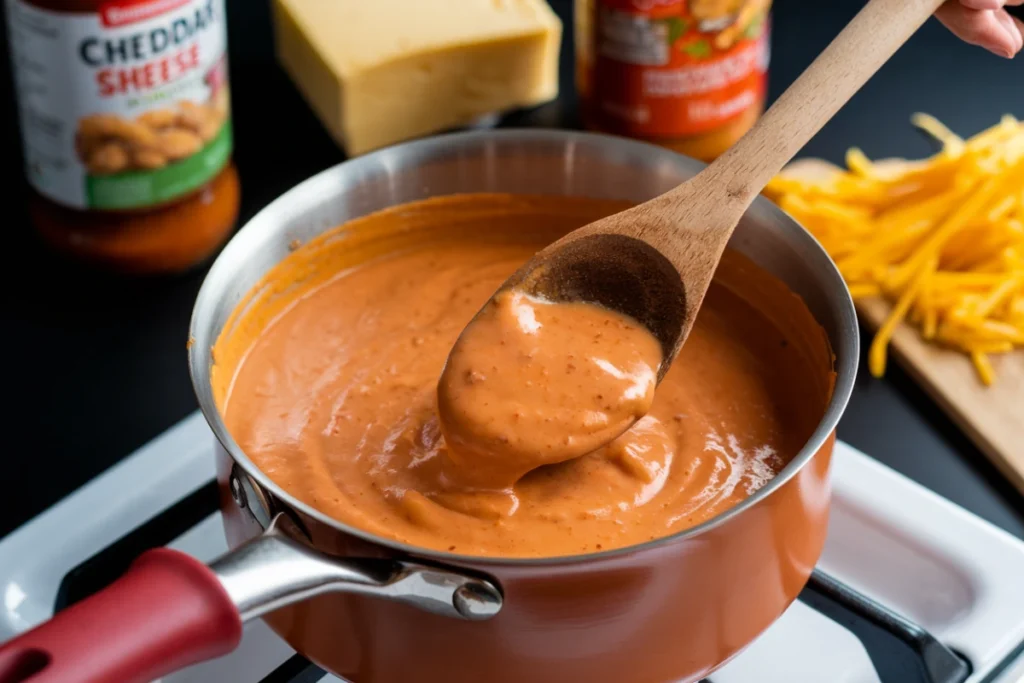 Saucepan of buffalo cheese sauce being stirred with a wooden spoon.