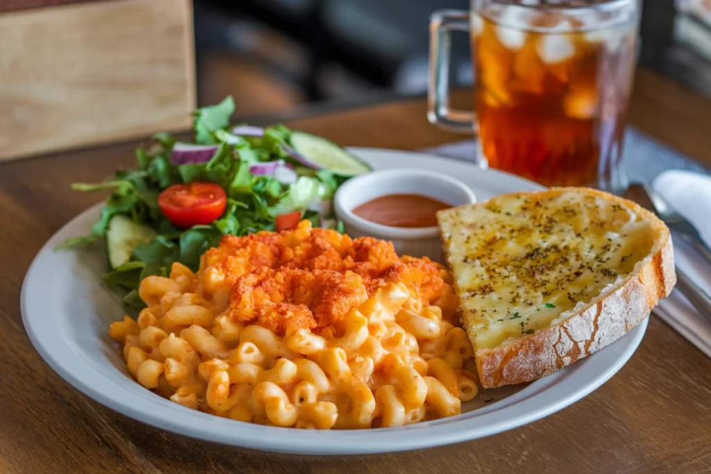 Plated buffalo mac and cheese with a green salad and garlic bread.