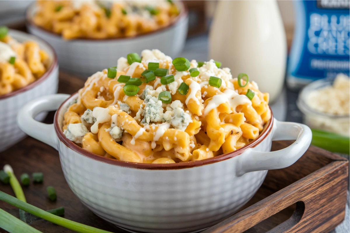 Bowl of creamy buffalo mac and cheese garnished with blue cheese and green onions.