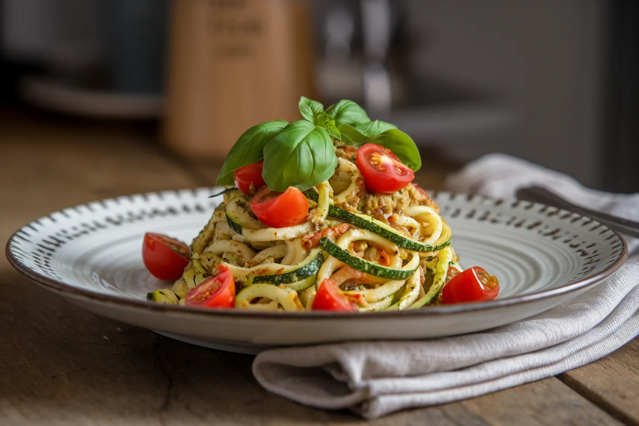 Pesto langostino zucchini pasta with fresh basil and cherry tomatoes