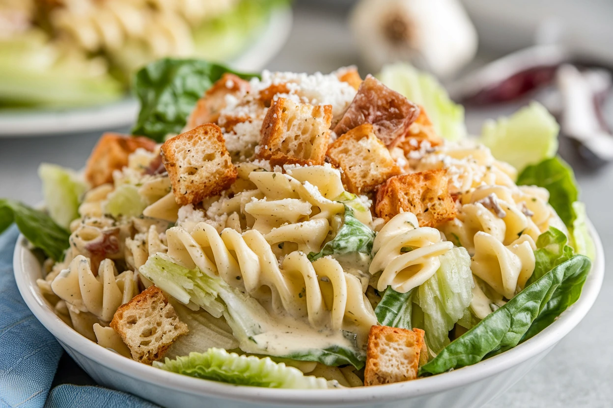 Caesar pasta salad in a white bowl, garnished with Parmesan and croutons.