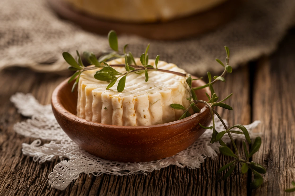 Requesón cheese in a wooden bowl garnished with fresh herbs