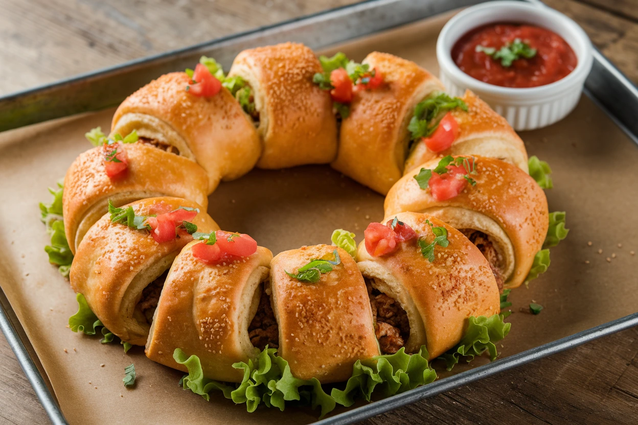 A freshly baked taco ring garnished with lettuce and tomatoes.