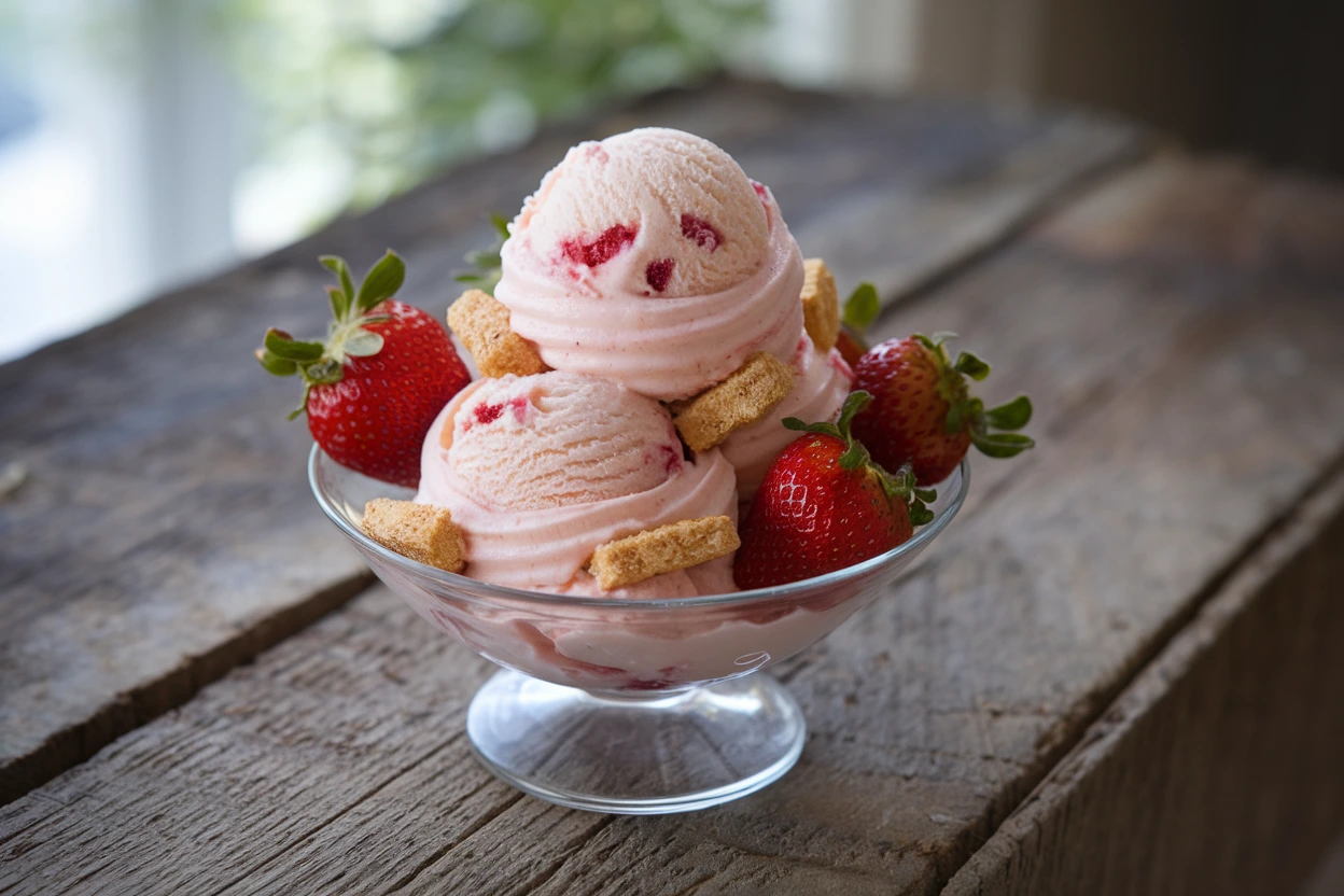 A bowl of strawberry cheesecake ice cream with swirls of pink cream, graham cracker chunks, and fresh strawberries on a rustic wooden table.