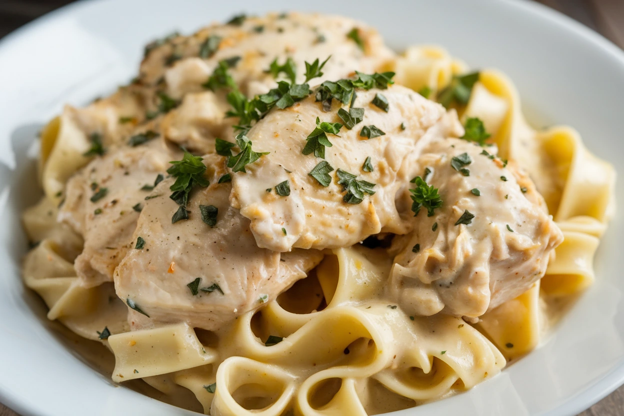 Crock Pot Chicken Alfredo with creamy Alfredo sauce, tender chicken, fettuccine pasta, and a sprinkle of Parmesan cheese.