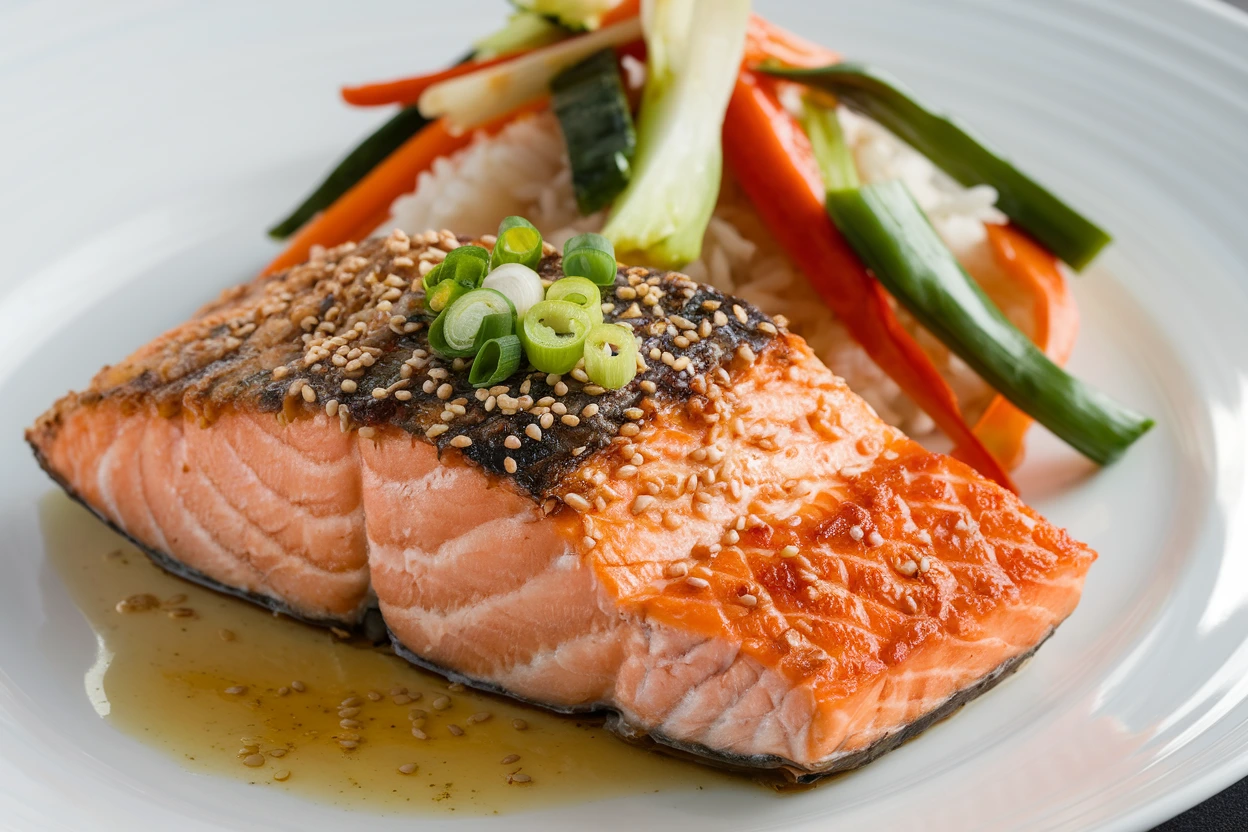 Salmon fillet with Asian rub, garnished with sesame seeds and green onions.