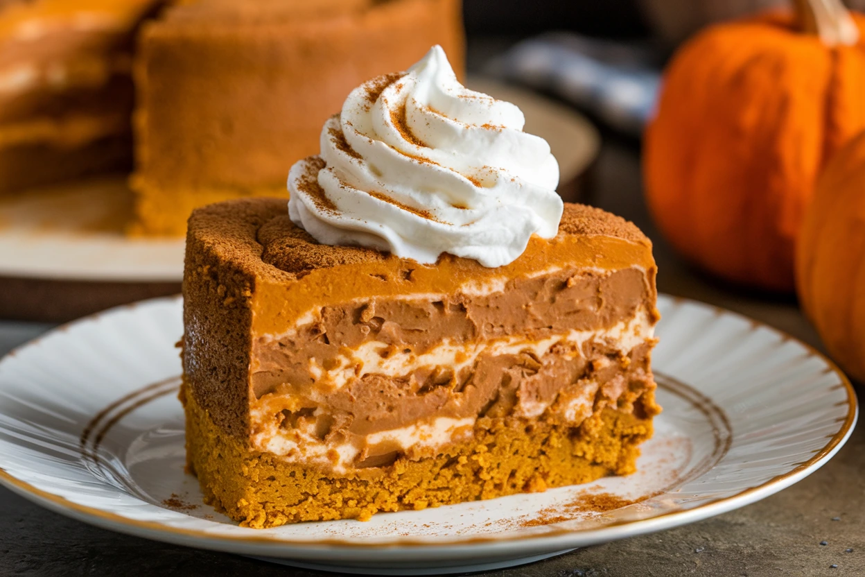 A slice of pumpkin dump cake with whipped cream and cinnamon.