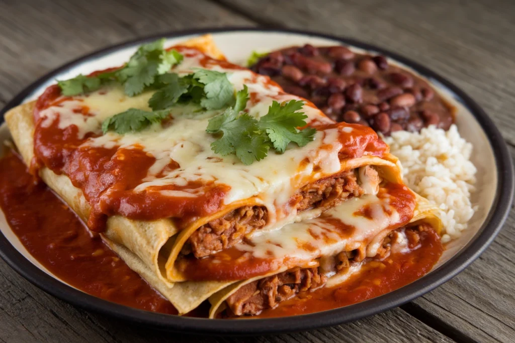 Enchiladas stuffed with requesón cheese and topped with sauce and cilantro.
