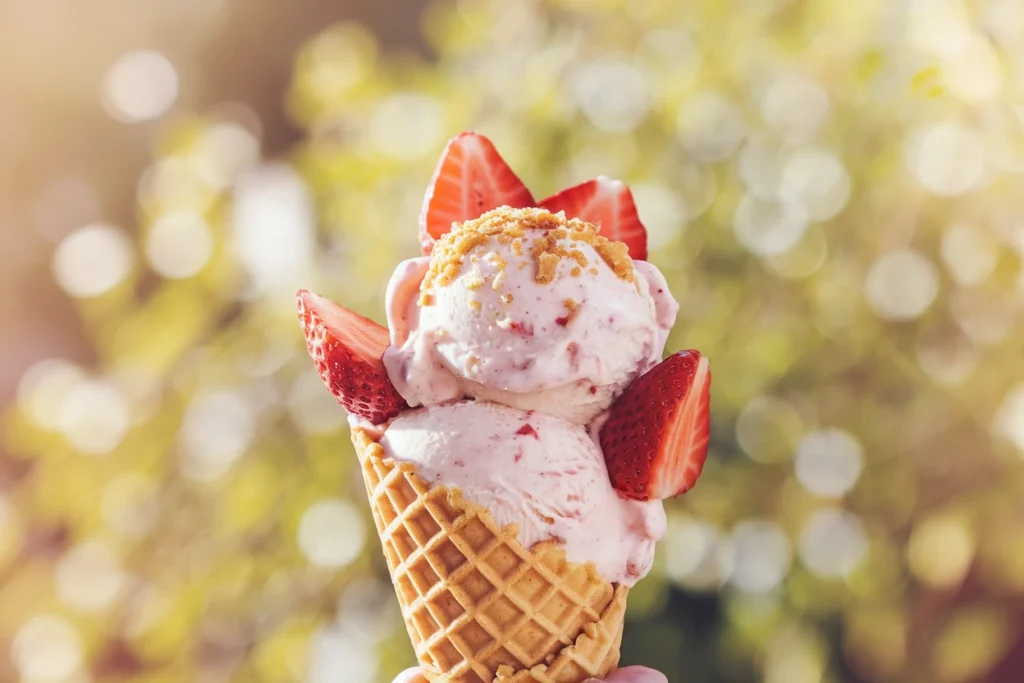 A waffle cone filled with strawberry cheesecake ice cream, garnished with fresh strawberries and graham cracker crumbs, against a sunny outdoor background.