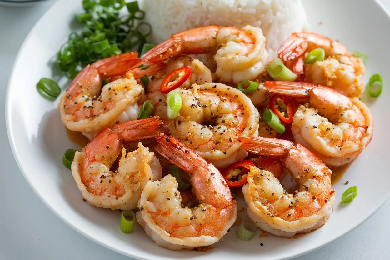 Crispy salt and pepper shrimp garnished with green onions and chili slices