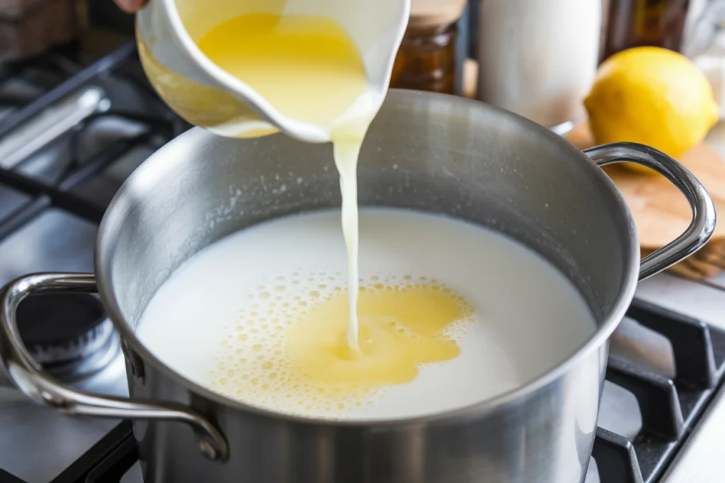 Milk being curdled with lemon juice in a pot.