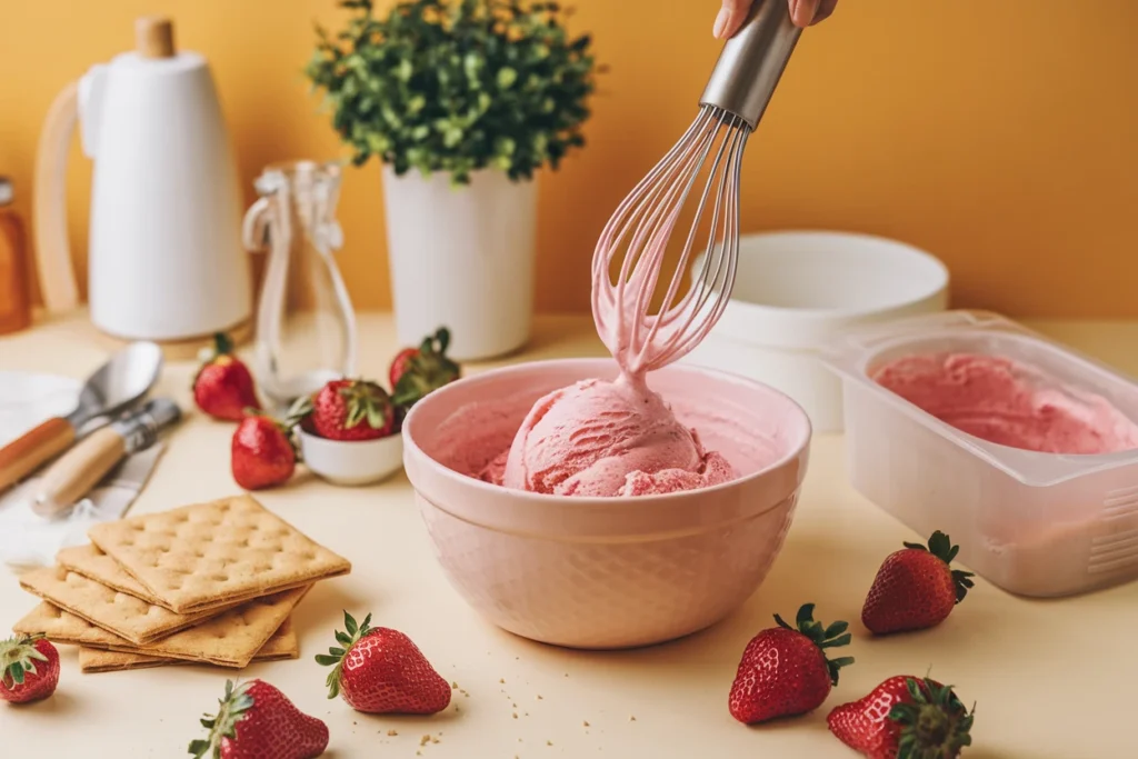 A mixing bowl with ice cream base being whisked, surrounded by fresh strawberries and graham crackers, on a kitchen counter.