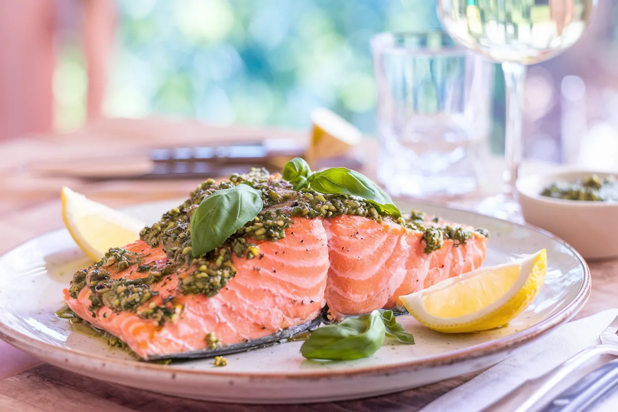 Plated pesto salmon garnished with basil and lemon.