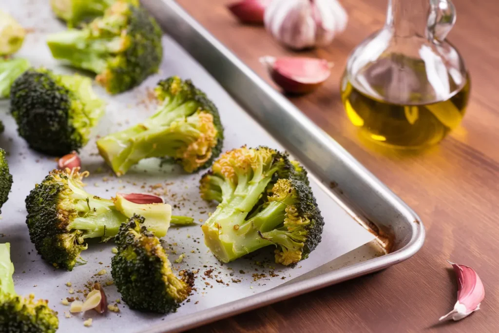 Roasted broccoli florets on a baking tray.