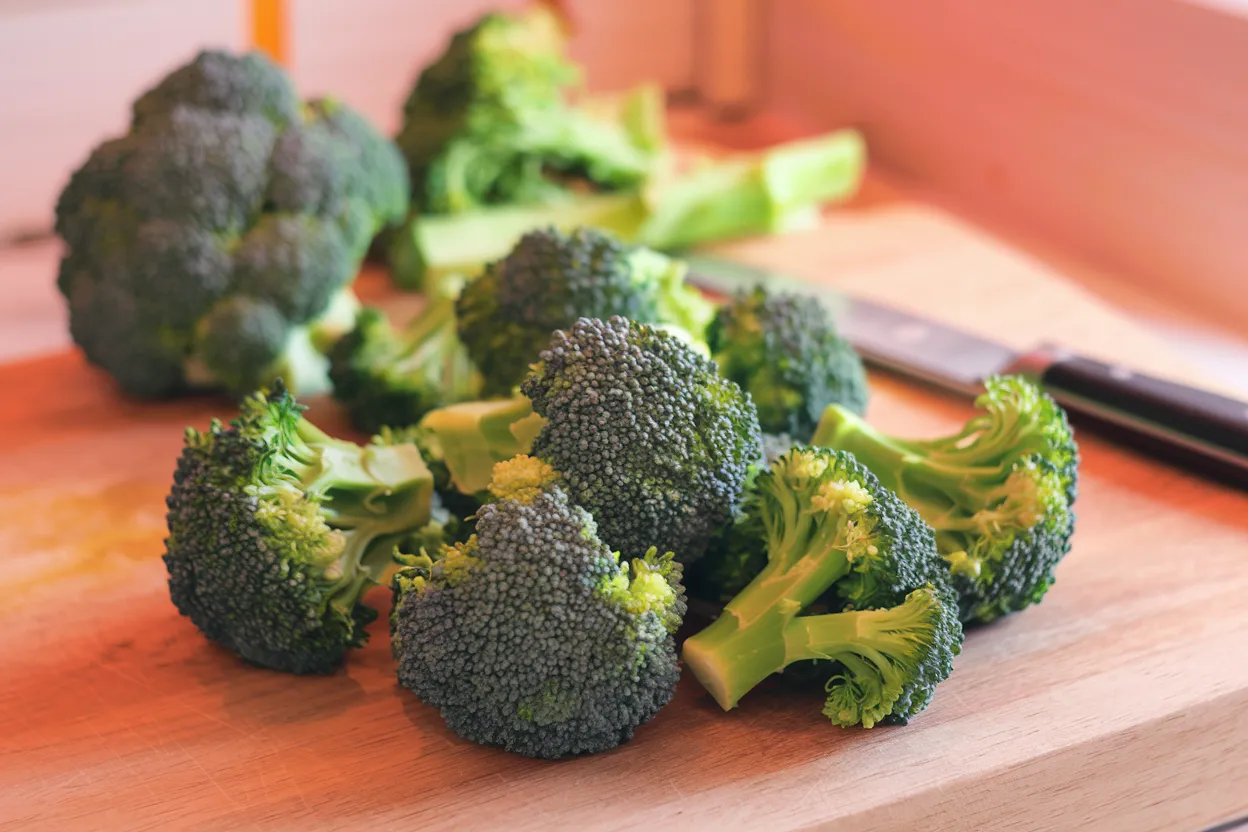 Fresh broccoli florets on a cutting board.