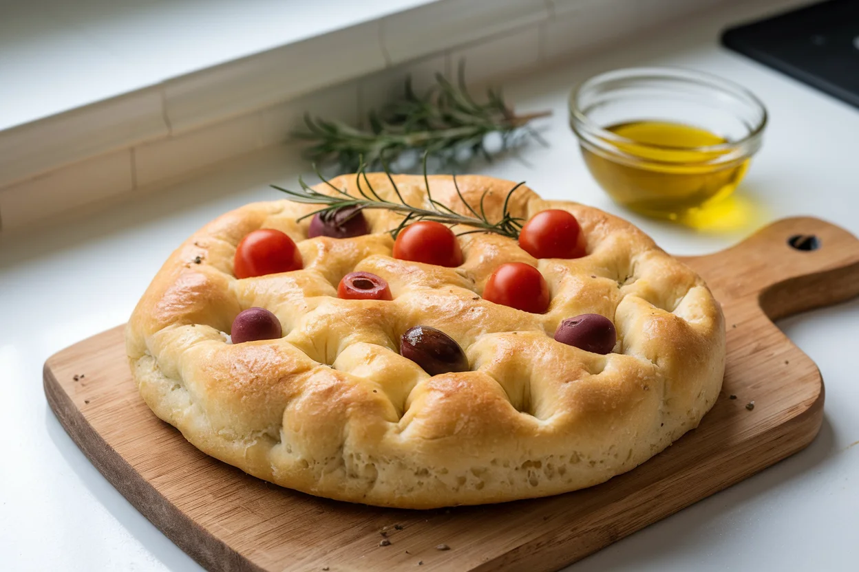 Freshly baked focaccia bread with rosemary and cherry tomatoes.