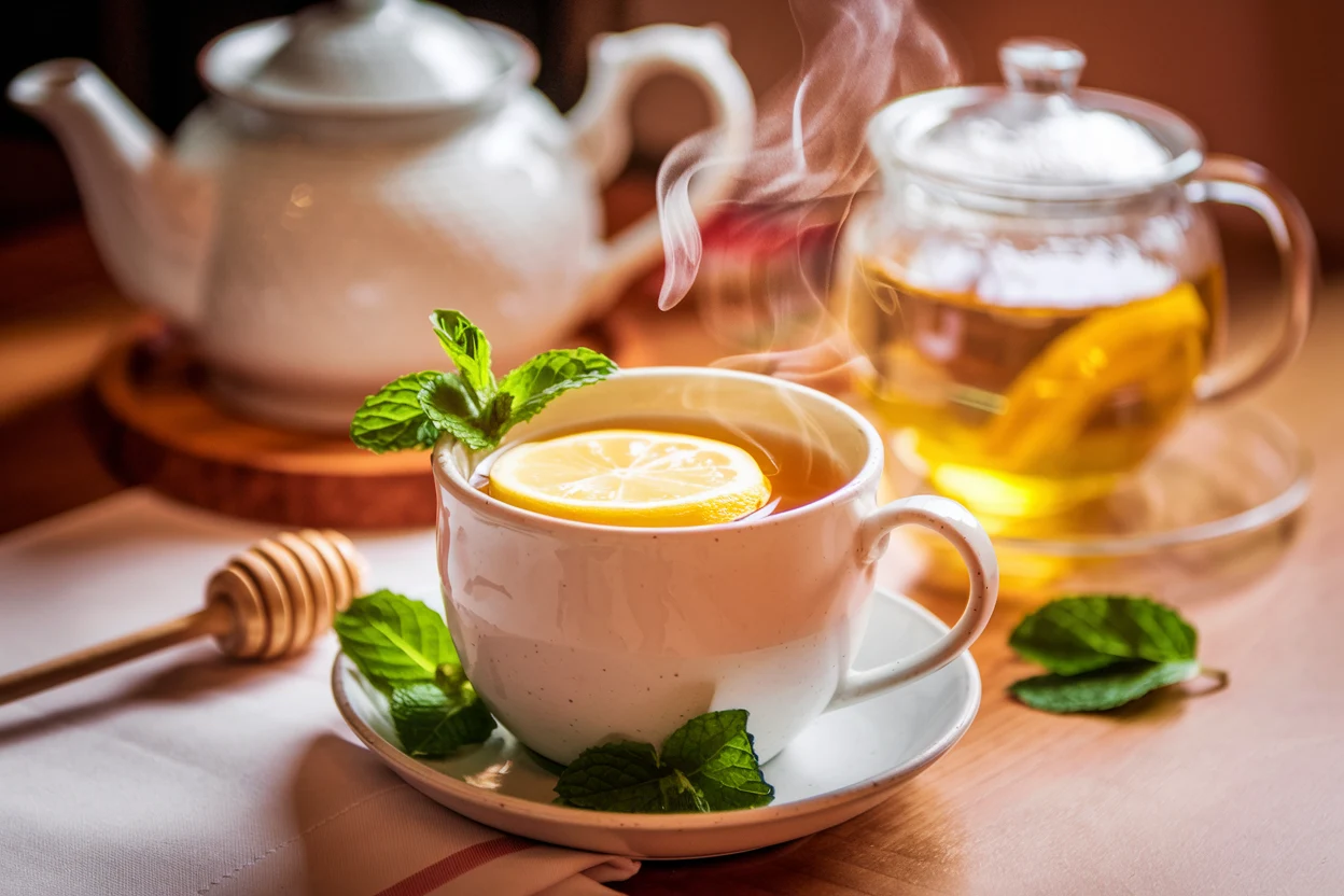 A cup of freshly brewed lemon tea with a lemon slice.