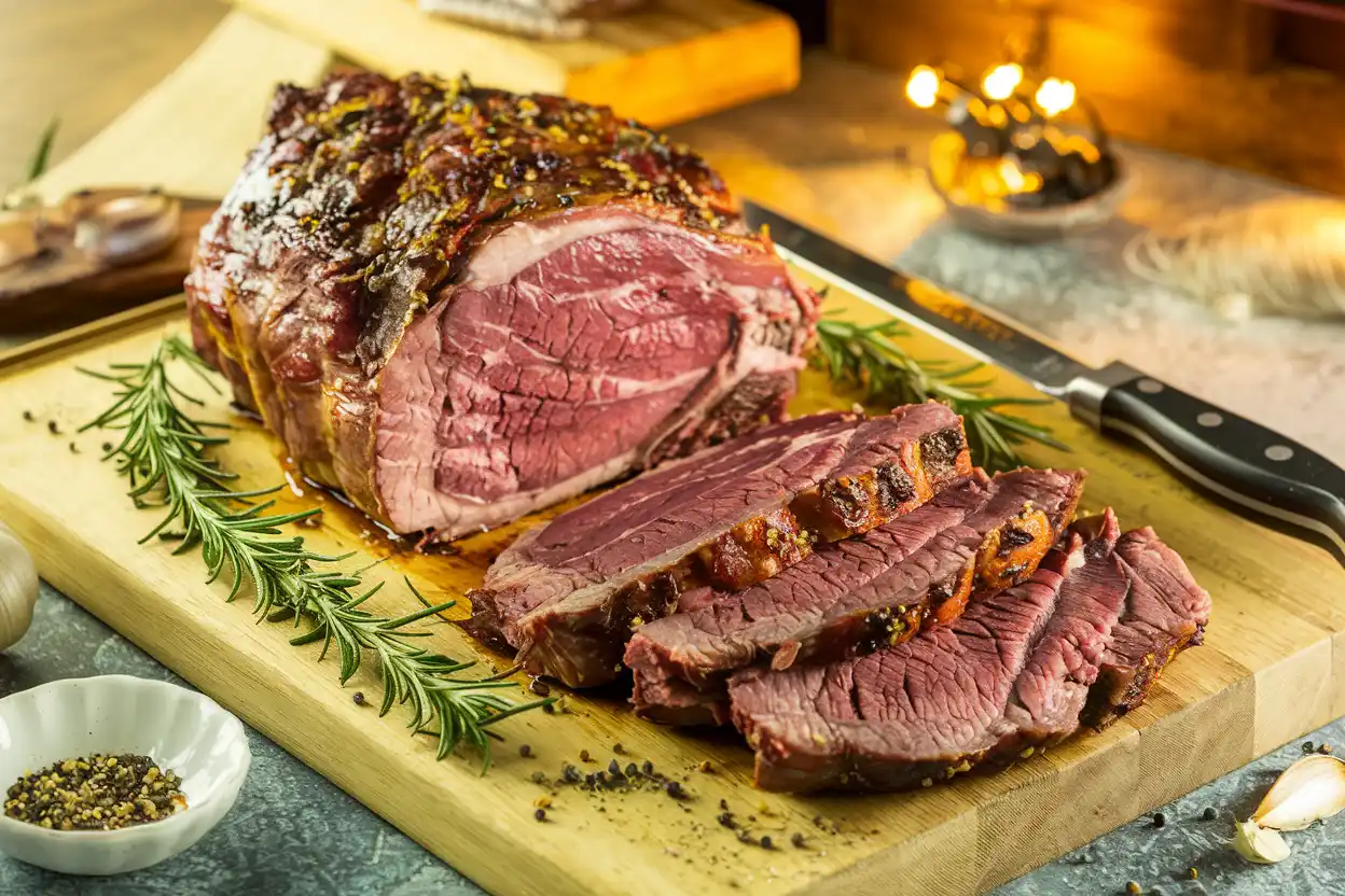 Sliced ribeye roast on a cutting board with fresh herbs.