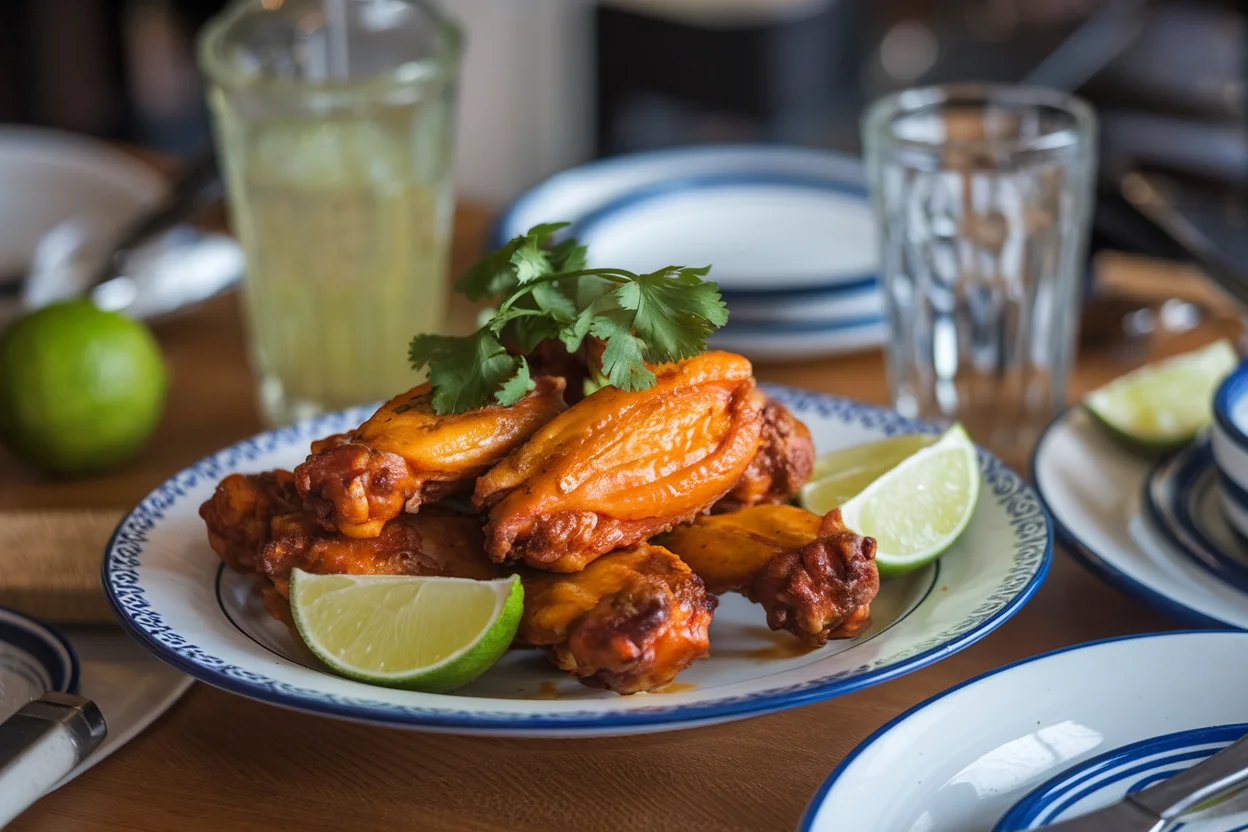 Mango habanero wings garnished with cilantro and lime wedges.