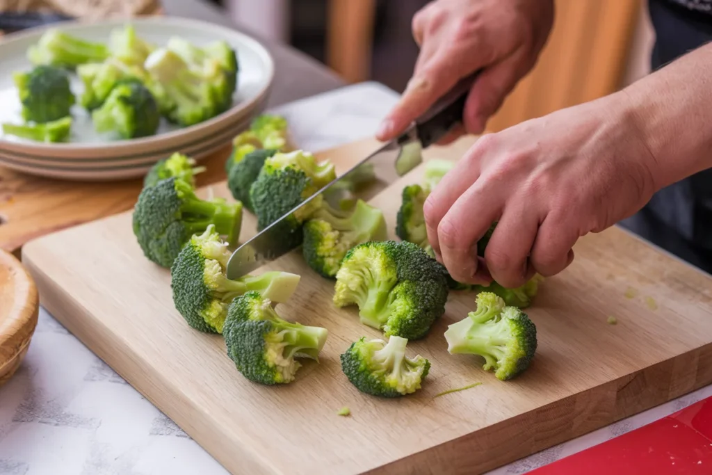Hands cutting broccoli into florets.
