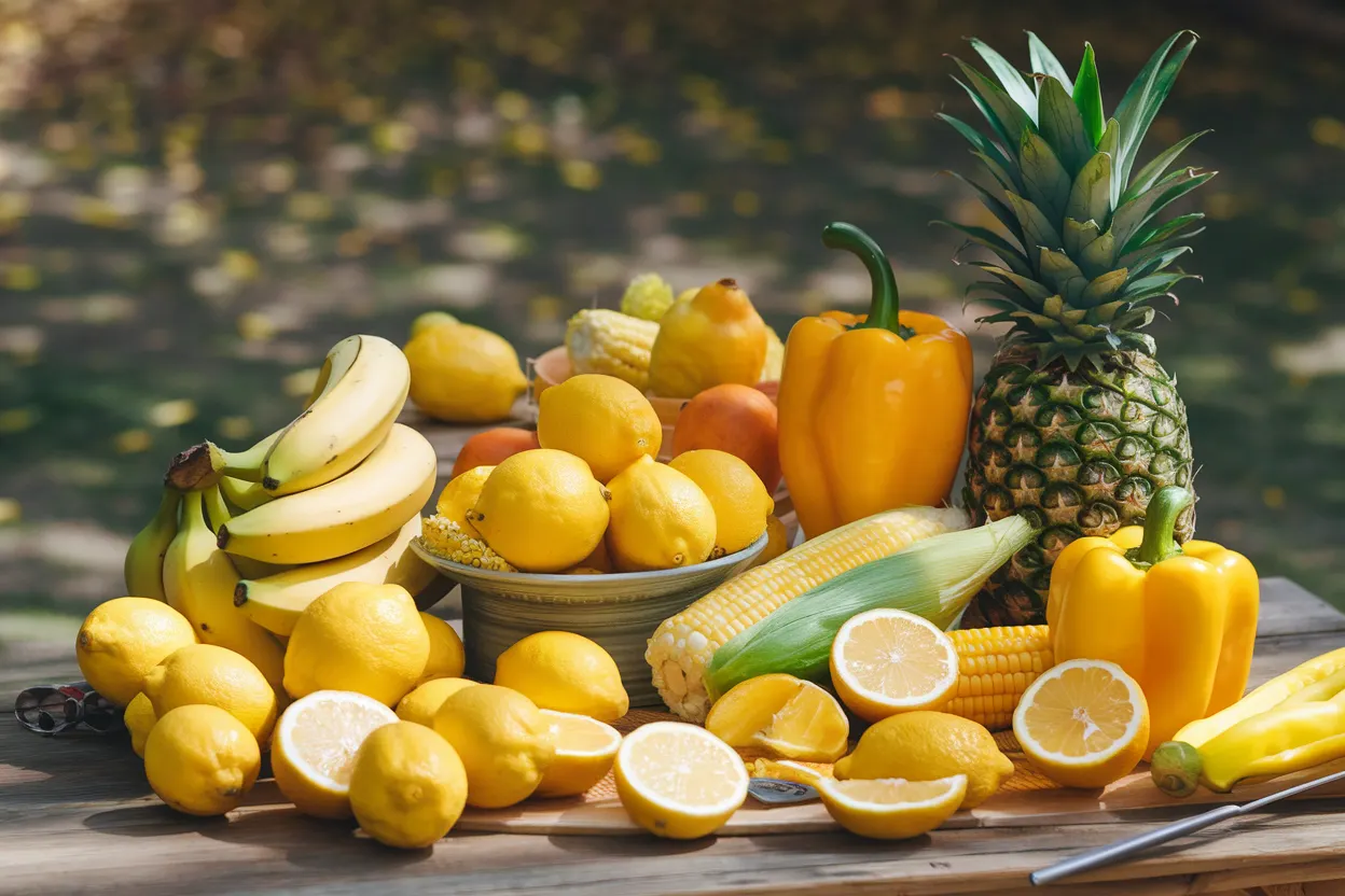 A variety of yellow foods, including fruits and vegetables, displayed on a table.