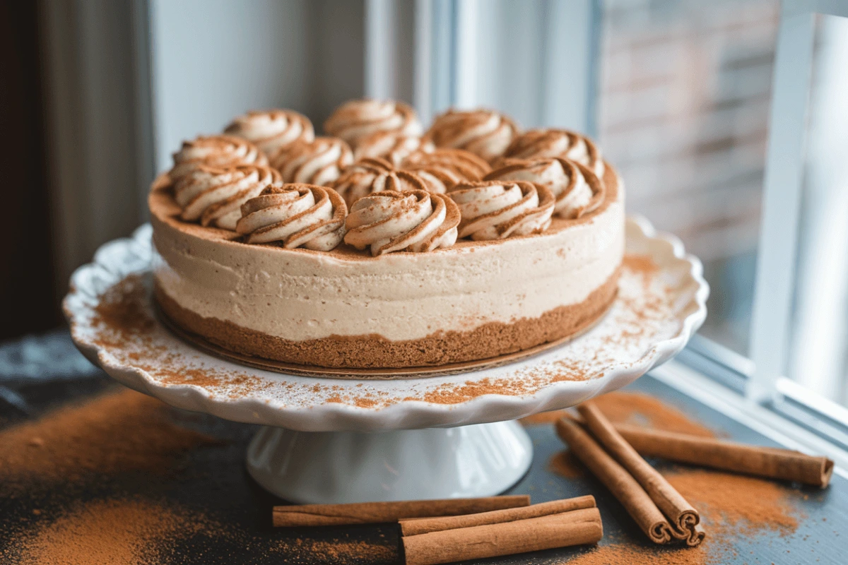 Cinnamon roll cheesecake with cinnamon swirls on a white cake stand