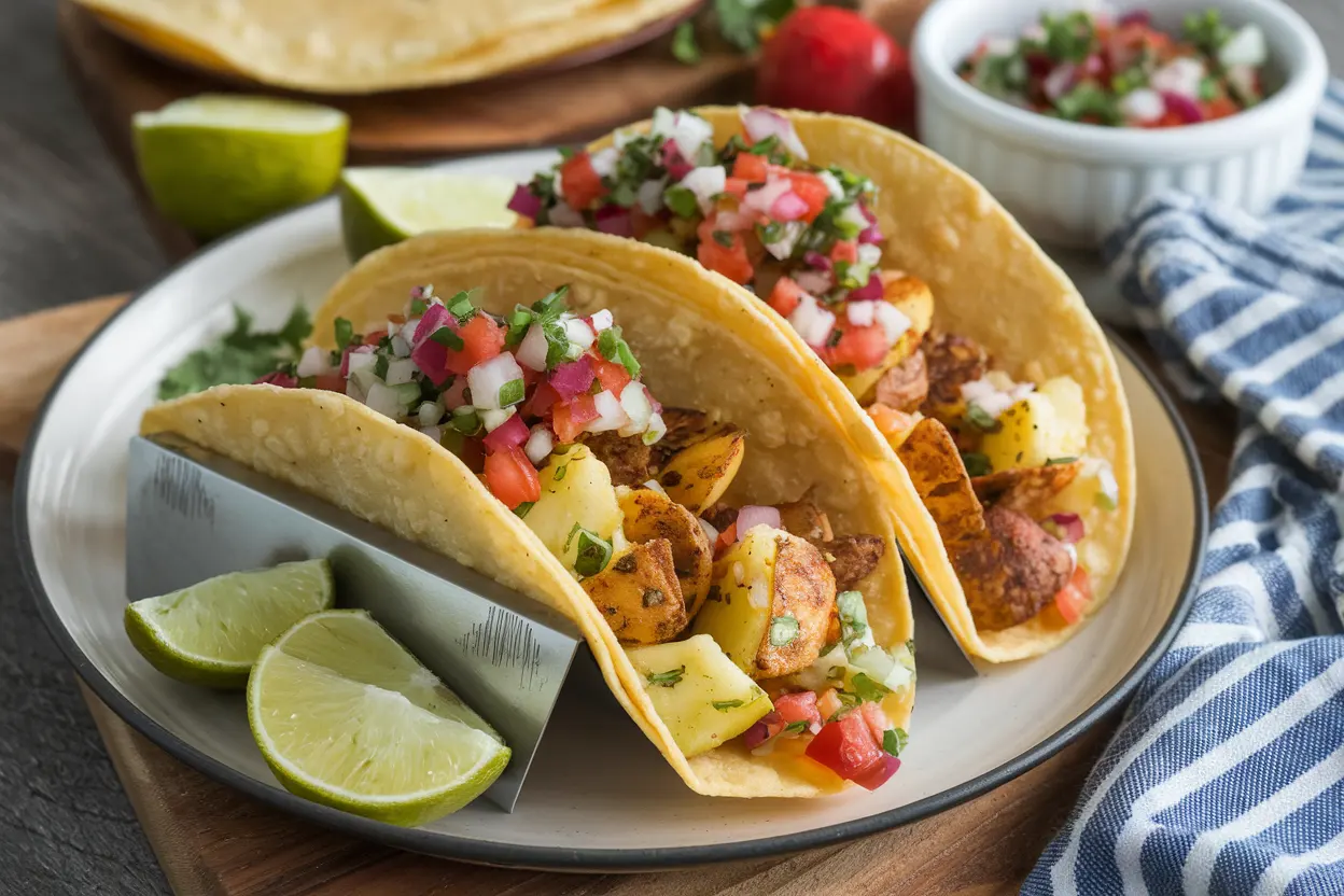 Crispy potato tacos filled with seasoned potatoes and topped with fresh salsa