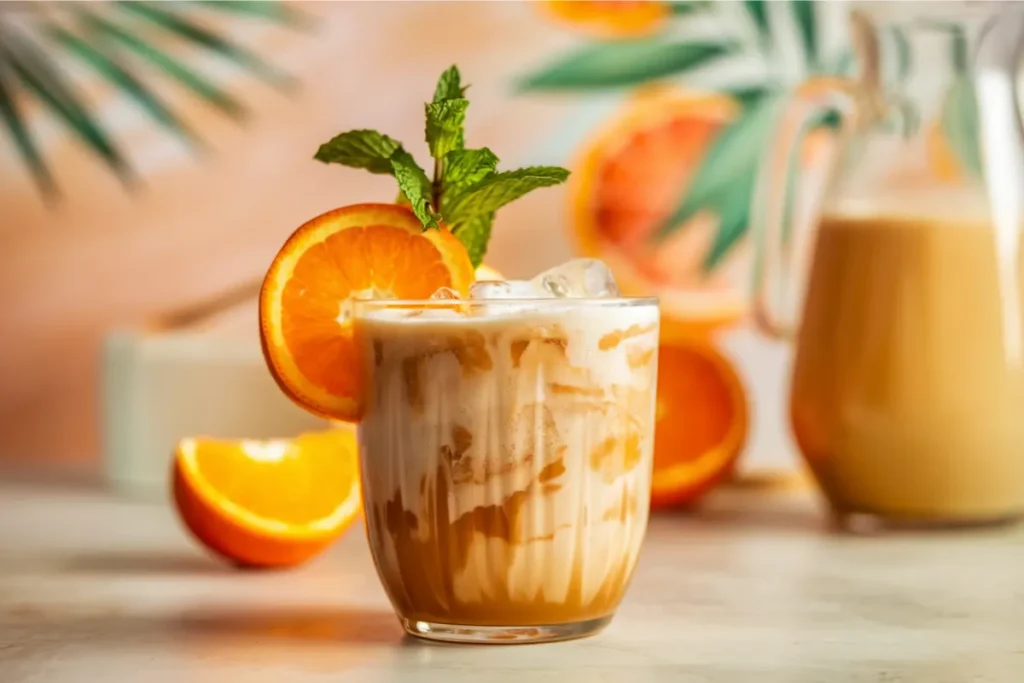 A featured glass of Morir Soñando garnished with an orange slice and mint, showcasing its creamy and refreshing appearance.