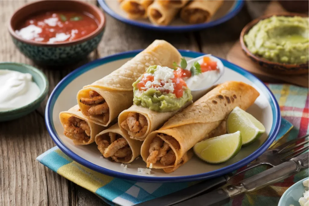 Crispy flautas de pollo topped with salsa, crema, and guacamole