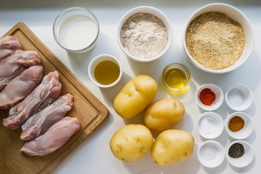 A top-down view of fresh ingredients for making homemade crispy chicken tenders and fries, including raw chicken, buttermilk, flour, panko breadcrumbs, potatoes, olive oil, and seasonings.