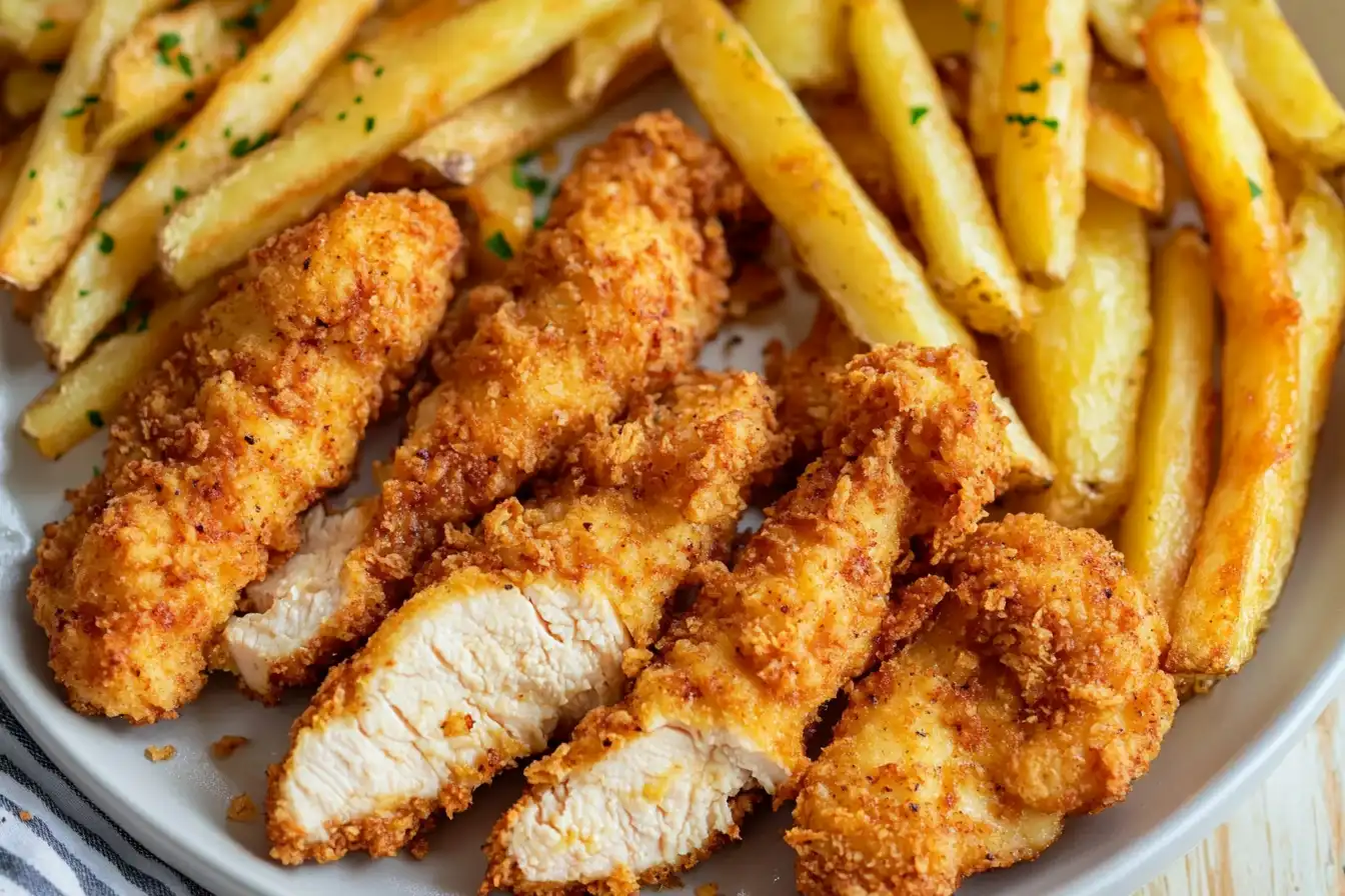 A plate of crispy golden-brown chicken tenders served with seasoned French fries