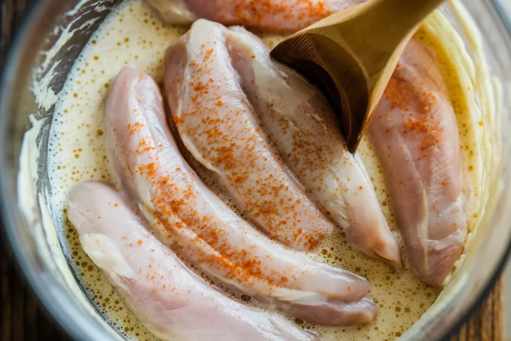 Raw chicken tenders marinating in buttermilk with paprika, garlic powder, and seasonings in a glass bowl.