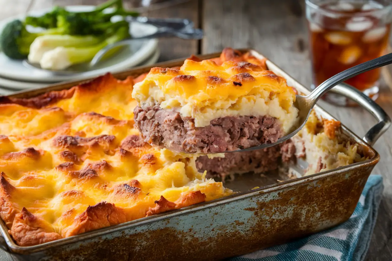 A cheesy cowboy meatloaf and potato casserole with a golden crust.