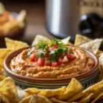 A bowl of creamy Crockpot Rotel Dip with tortilla chips