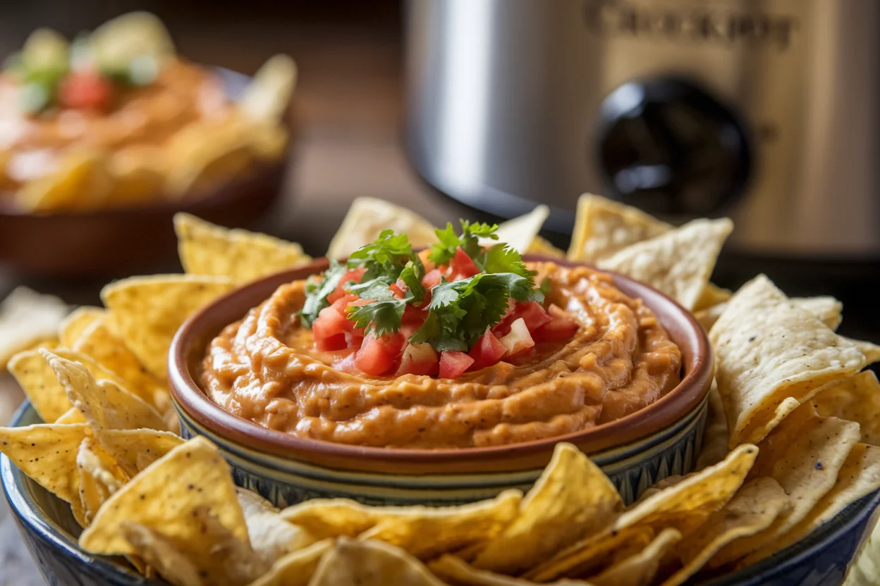 A bowl of creamy Crockpot Rotel Dip with tortilla chips