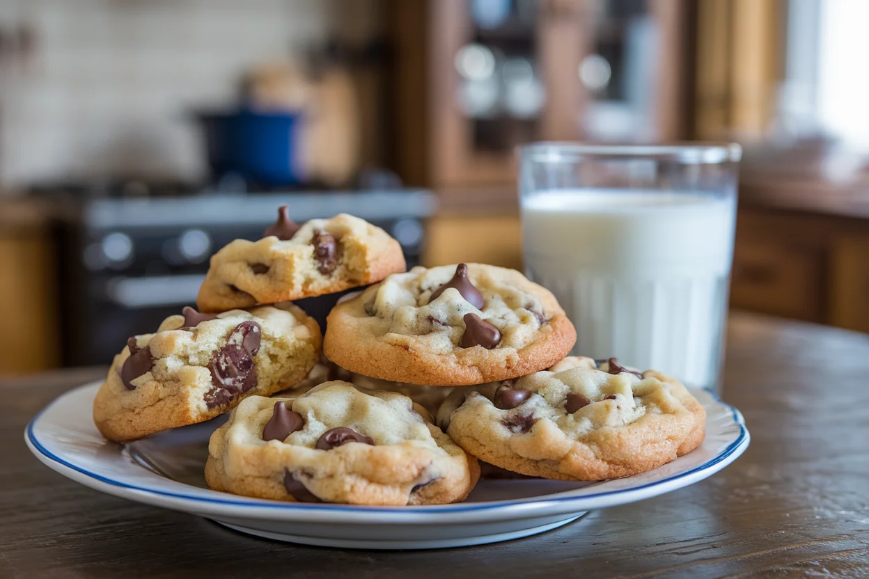 A plate of freshly baked small batch chocolate chip cookies with a glass of milk.