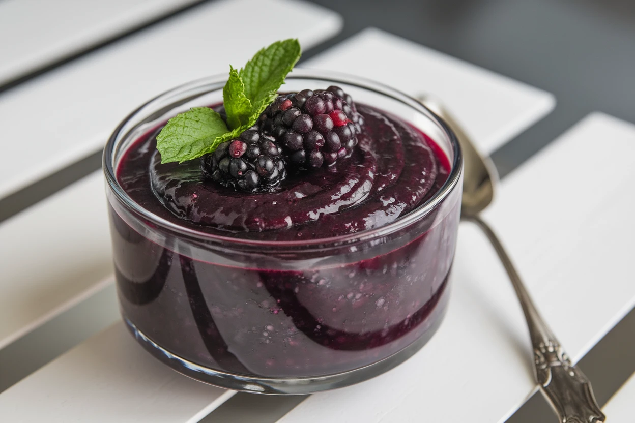 A bowl of fresh blackberry puree with a smooth texture, garnished with blackberries and mint.