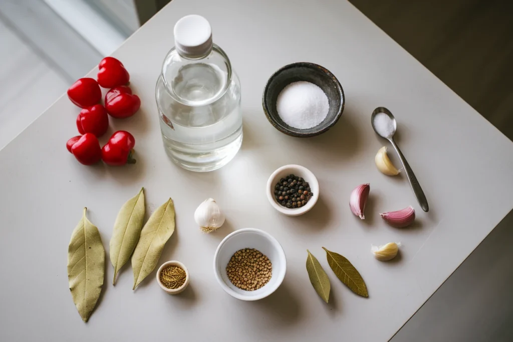 Fresh ingredients for making pickled cherry peppers, including cherry peppers, vinegar, sugar, salt, and spices.