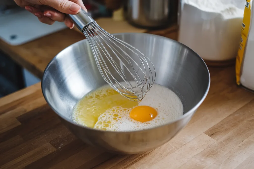 Step-by-step images of whisking eggs and sugar, folding in flour, and adding butter and heavy cream for madeleine batter.