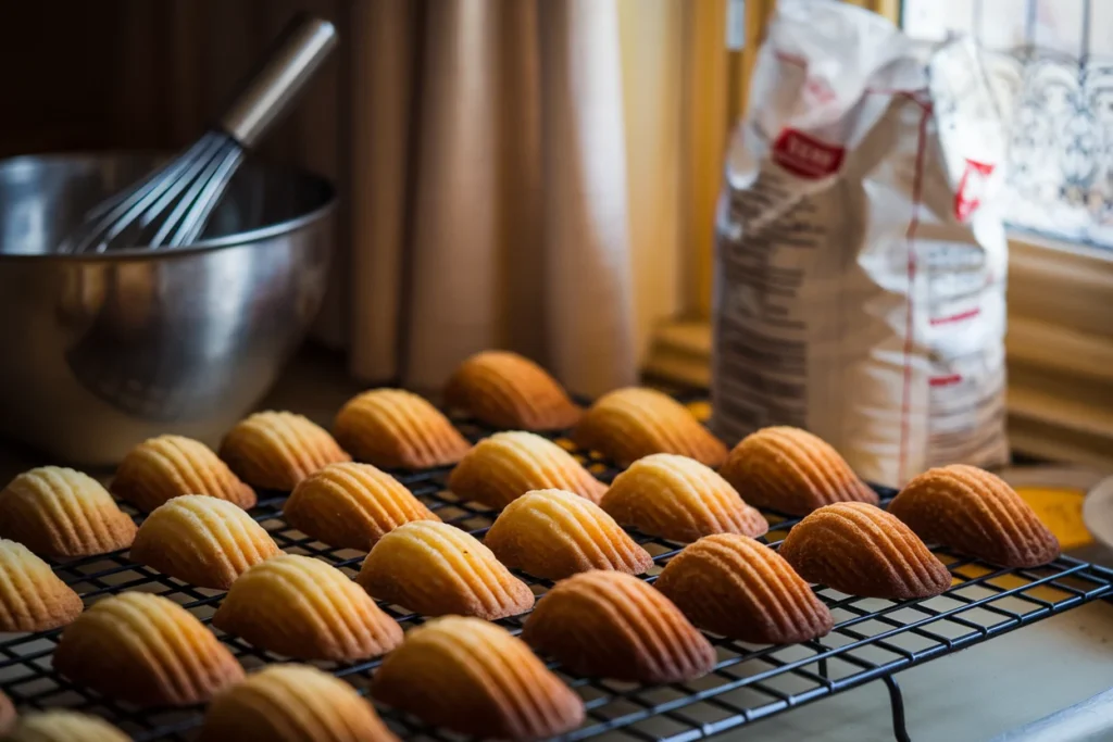 Freshly baked golden-brown madeleine cookies cooling on a wire rack.