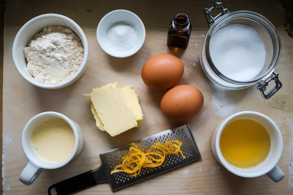 Flat lay of essential ingredients for madeleine cookies, including eggs, flour, sugar, butter, heavy cream, vanilla extract, and lemon zest.