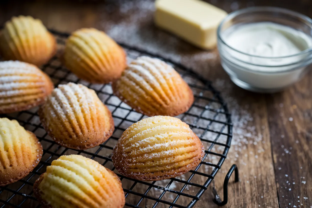 Freshly baked golden madeleine cookies on a cooling rack, lightly dusted with powdered sugar.