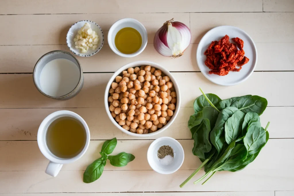 Fresh ingredients for Marry Me Chickpeas, including chickpeas, sun-dried tomatoes, coconut milk, and spices.