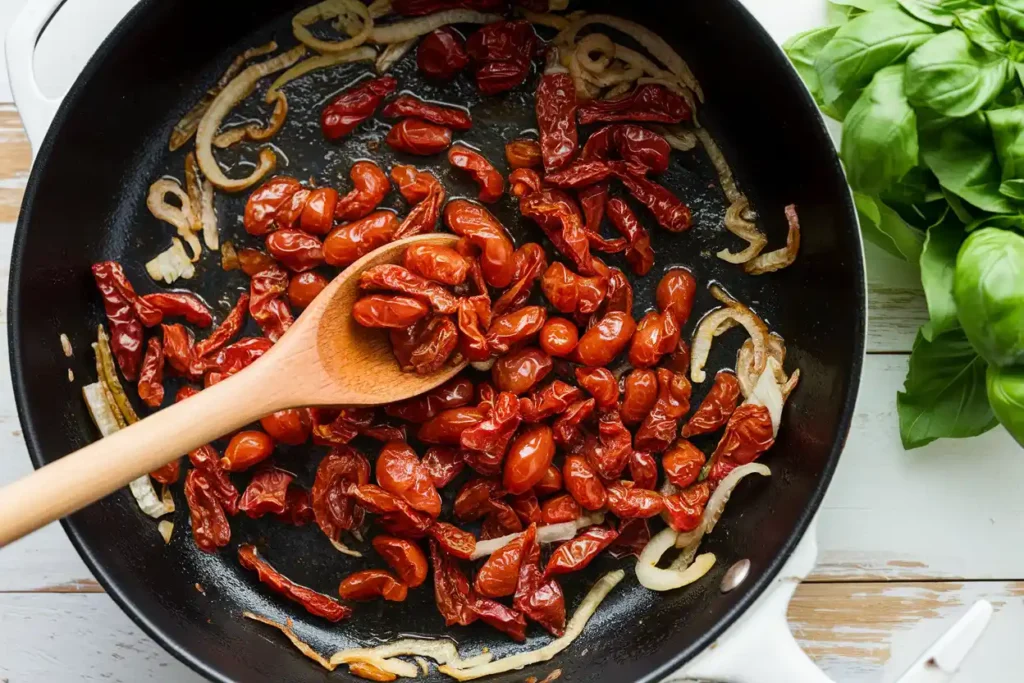 Chopped sun-dried tomatoes being stirred into a skillet with onions and garlic.