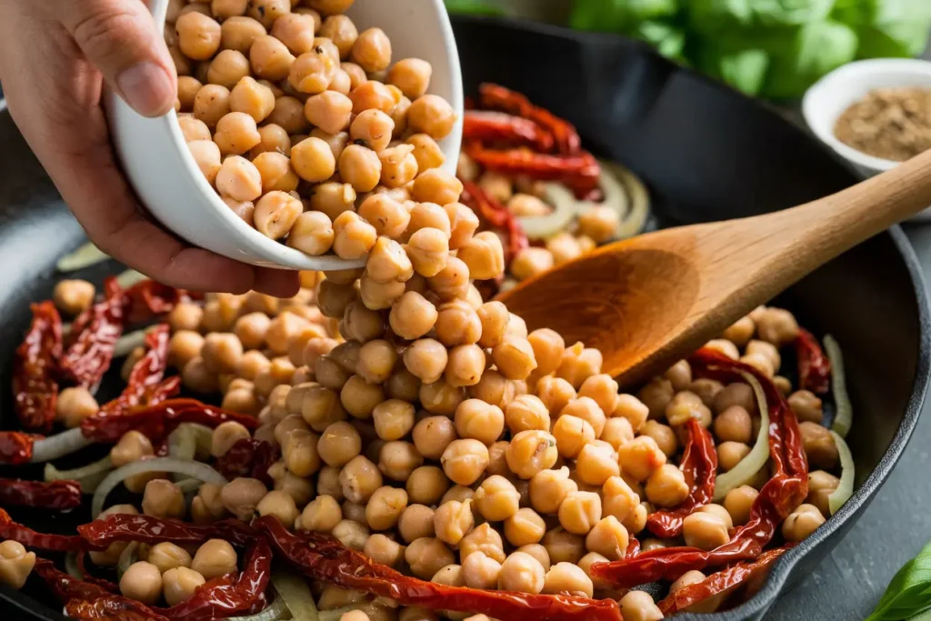 Chickpeas being added to a skillet with sautéed onions, garlic, and sun-dried tomatoes.