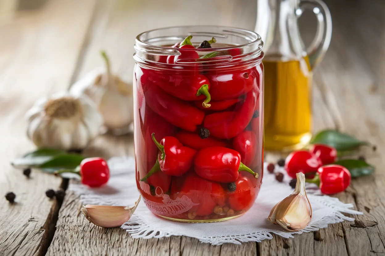 A jar of homemade pickled cherry peppers on a wooden table with fresh ingredients.