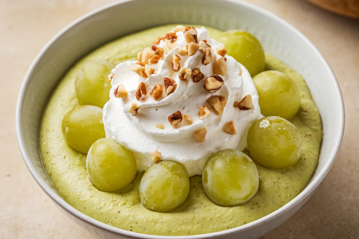 A bowl of creamy pistachio pudding with fresh grapes and whipped cream.