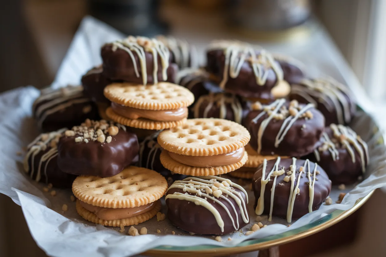 A plate of chocolate-covered Ritz cookies with peanut butter filling, some topped with white chocolate drizzle and crushed nuts.