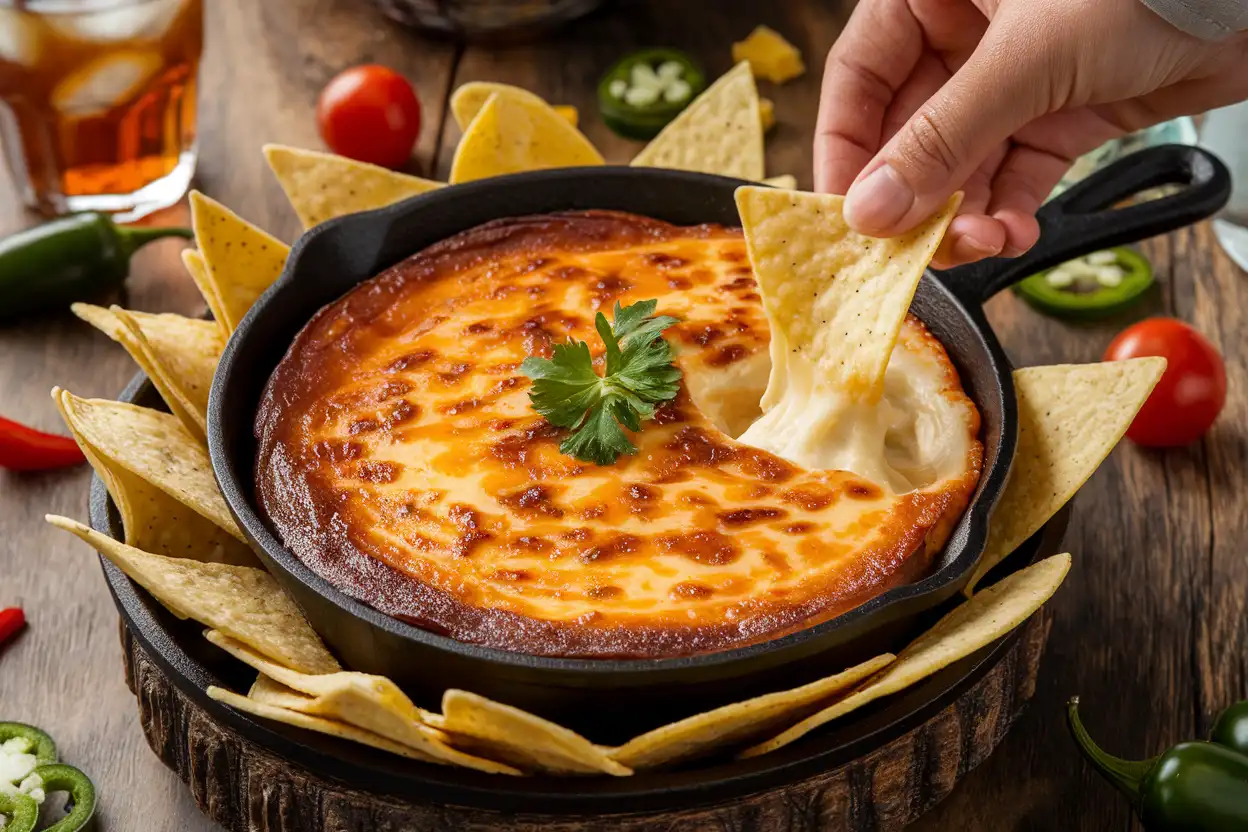 A warm, cheesy smoked queso dip in a cast iron skillet with tortilla chips